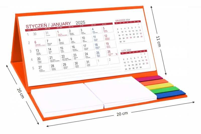 wymiary kalendarza 3-miesięcznego z notesami i znacznikami samoprzylepnymi 