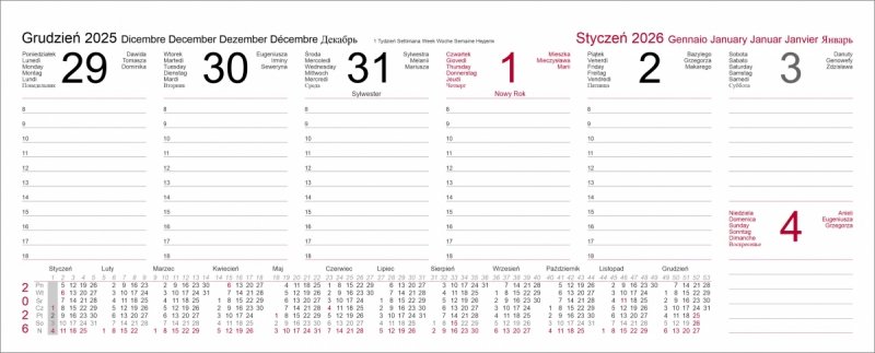 Kalendarium tygodniowe kalendarza biurkowego 