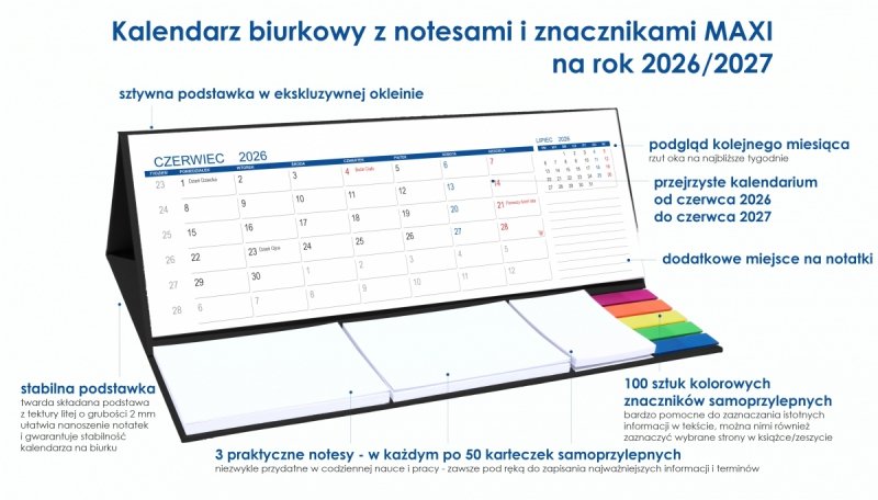 opis kalendarza MAXI szkolnego z notesami i znacznikami samoprzylepnymi