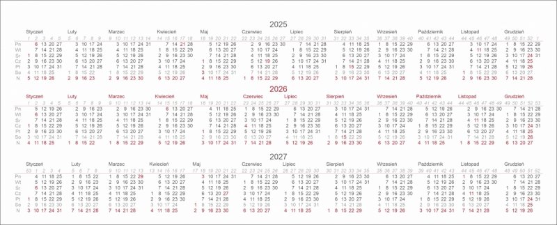 skrócone kalendarium na rok 2025, 2026 oraz 2027
