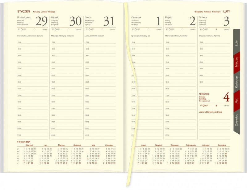 Kalendarz książkowy 2024 A5 tygodniowy papier chamois wycinane registry