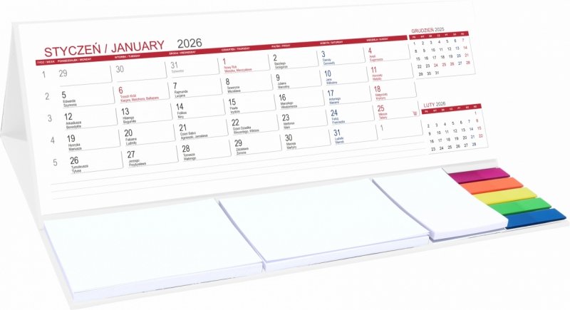 Kalendarz biurkowy z notesami i znacznikami samoprzylepnymi MAXI 2026 biały
