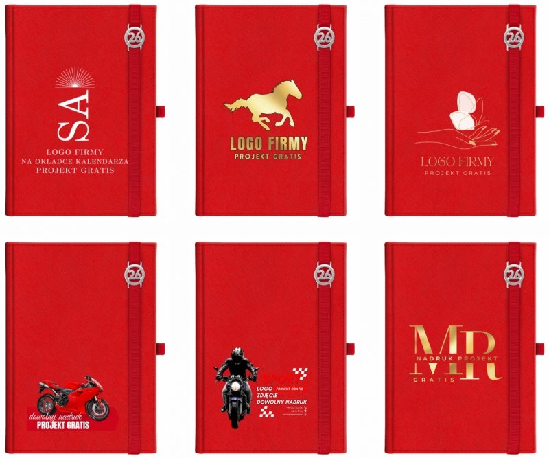Kalendarz książkowy 2026 A5 dzienny papier chamois wycinane registry oprawa z zamykaniem na gumkę i mocowaniem na długopis ROSSA VIU czerwona Z NADRUKIEM LOGO