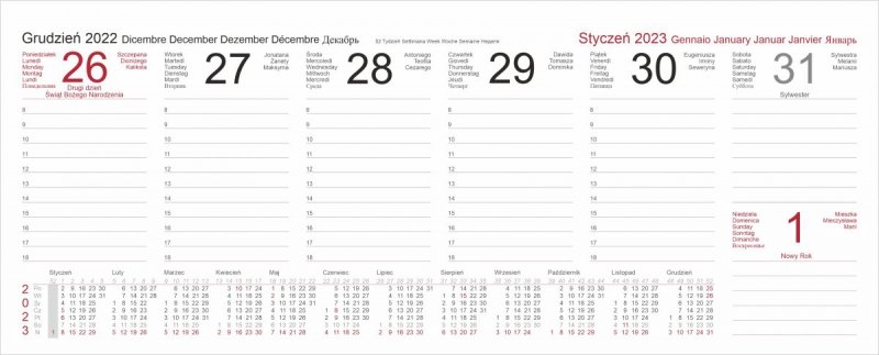 Kalendarium tygodniowe 2023 do kalendarza biurkowego - grudzień 2022/styczeń 2023