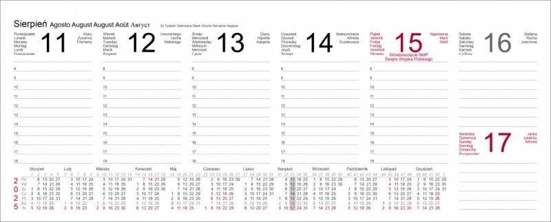 kalendarz biurkowy na rok 2025 tgodniowy