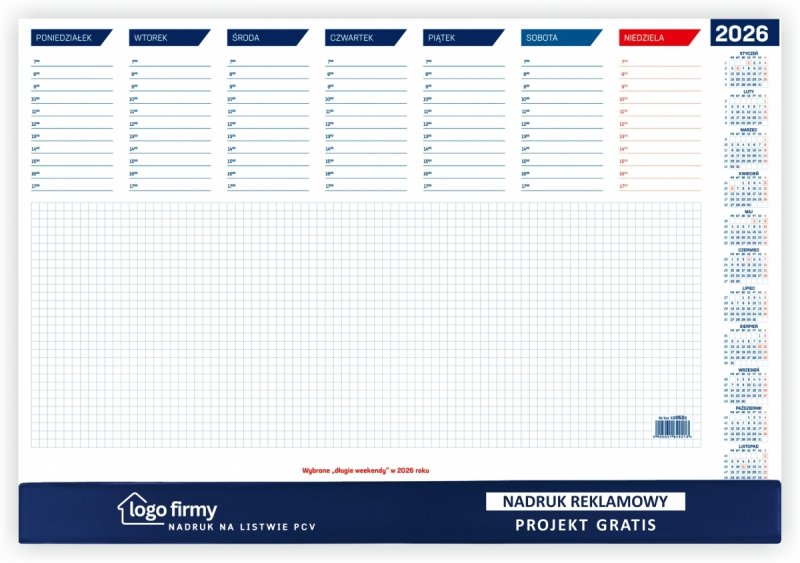biuwar 52-kartkowy z listwą PCV na rok 2026 z logo na listwie
