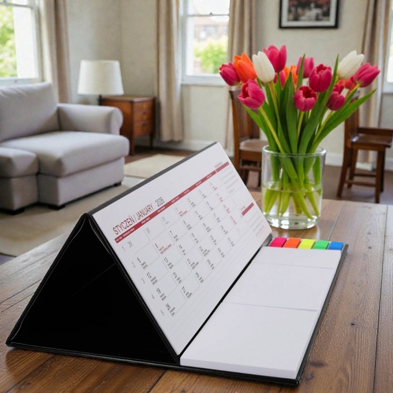 Kalendarz biurkowy z notesami i znacznikami samoprzylepnymi MAXI 2026 bordowy