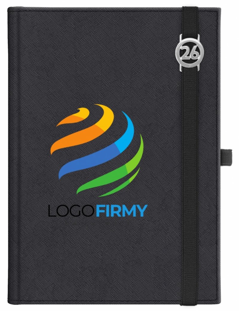 Kalendarz książkowy 2026 B5 dzienny papier chamois wycinane registry oprawa z zamykaniem na gumkę i mocowaniem na długopis ROSSA VIU czarna Z NADRUKIEM LOGO