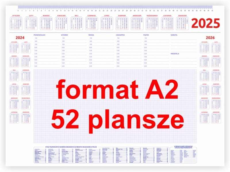 duży biuwar A2 z planem tygodnia na rok 2025