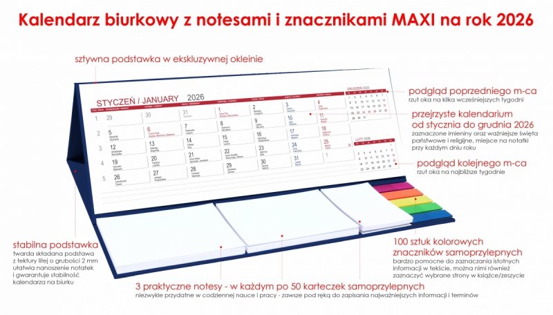 Kalendarz biurkowy z notesami i znacznikami samoprzylepnymi MAXI 2026 granatowy