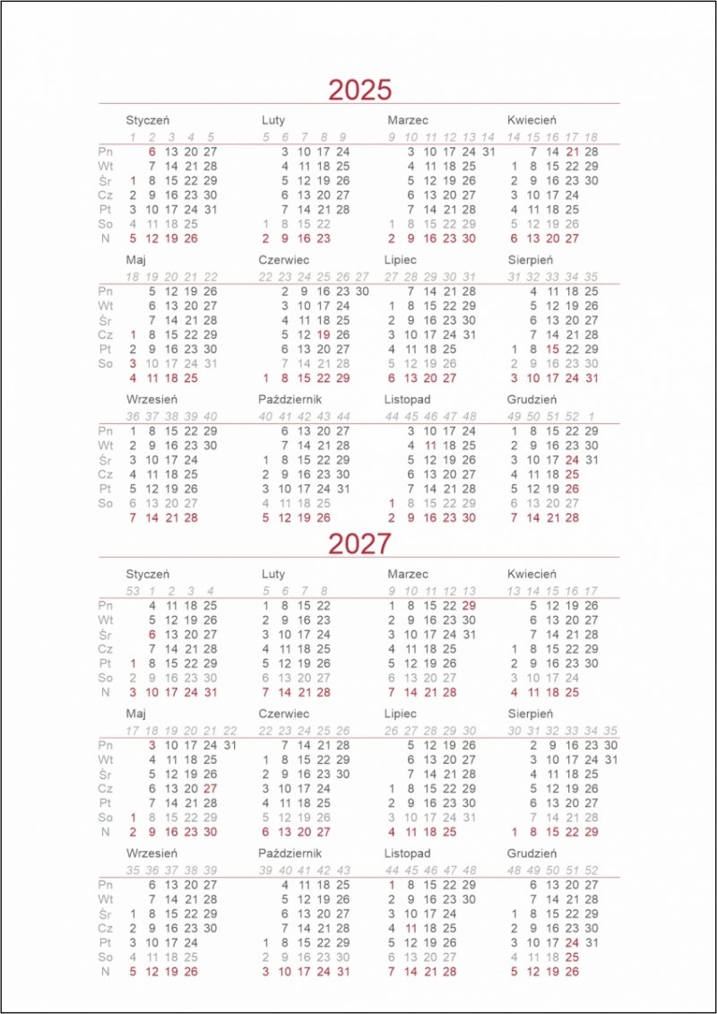 skrócone kalendarium roku 2025 i 2026 w kalendarzu na rok 2025