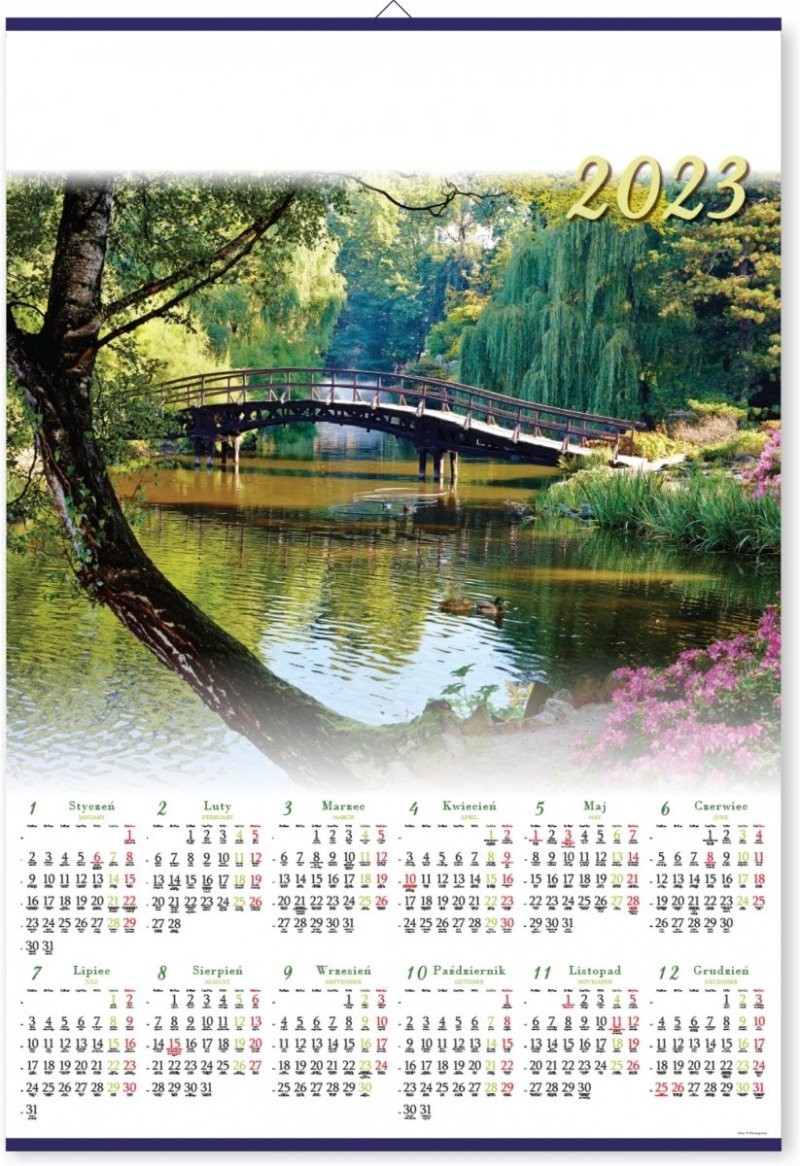 Kalendarz ścienny na rok 2023 z zaznaczonymi imieninami i świętami