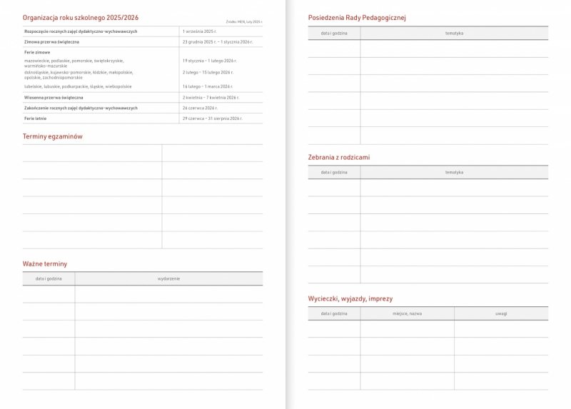 kalendarz książkowy na rok szkolny 25/26 z tabelami dla nauczyciela 