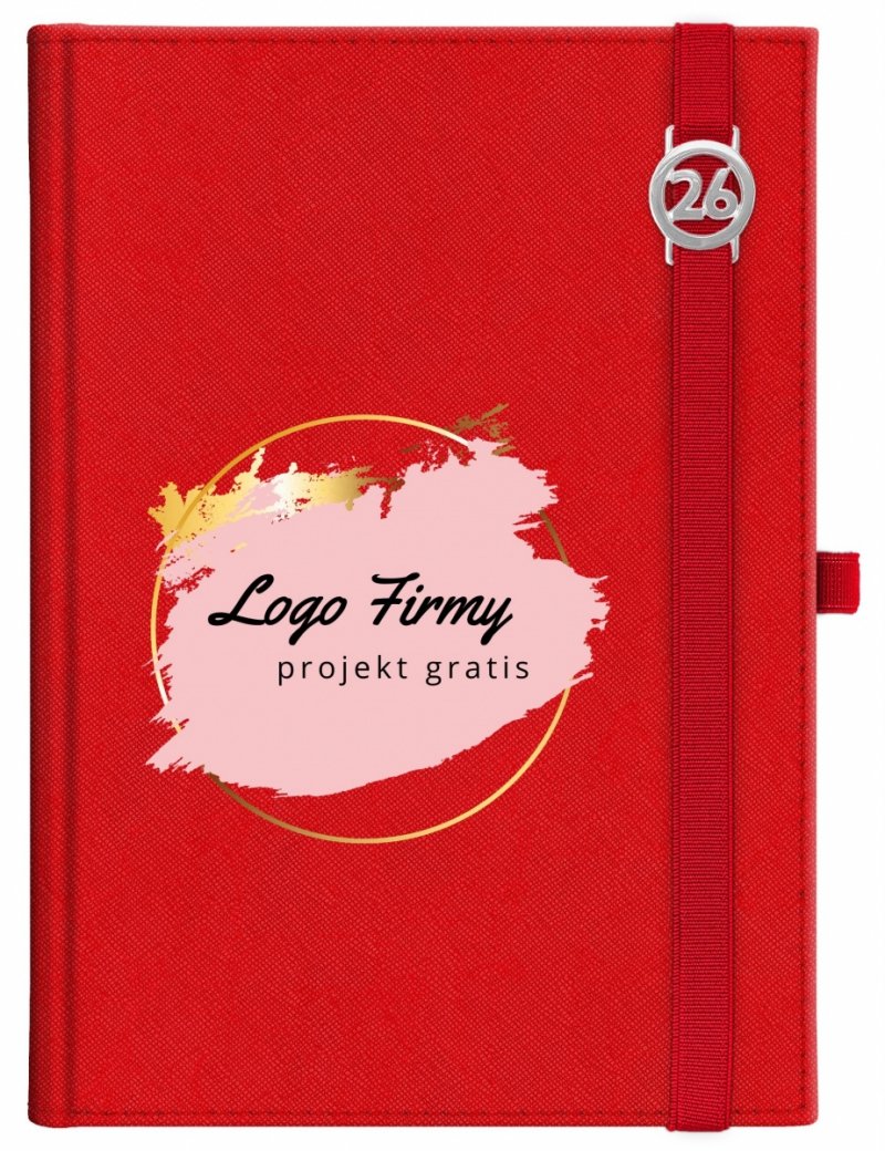 Kalendarz książkowy 2026 A5 dzienny papier chamois wycinane registry oprawa z zamykaniem na gumkę i mocowaniem na długopis ROSSA VIU czerwona Z NADRUKIEM LOGO