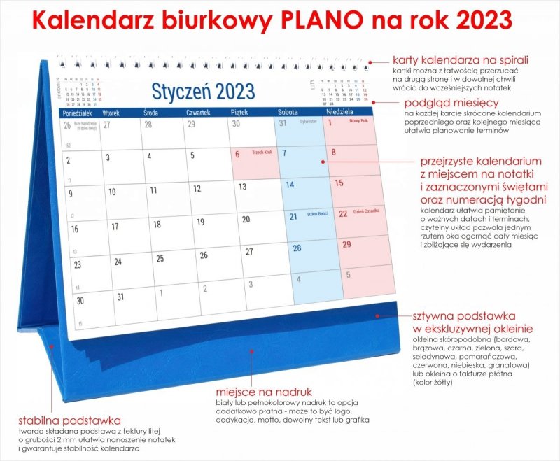 Kalendarz biurowy w układzie miesięcznym na rok 2023