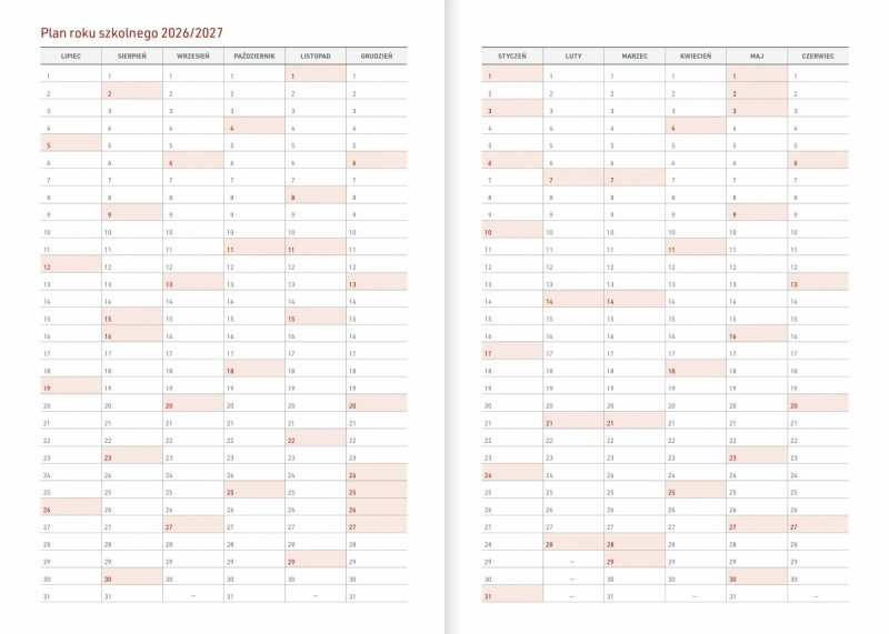 kalendarz książkowy z planerem roku szkolnego 2026/2027, dla dyrektora szkoły