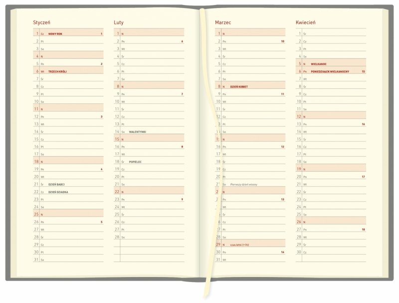 skrócone miesiące od stycznia 2026 do kwietnia 2026 z miejscem na krótkie zapiski