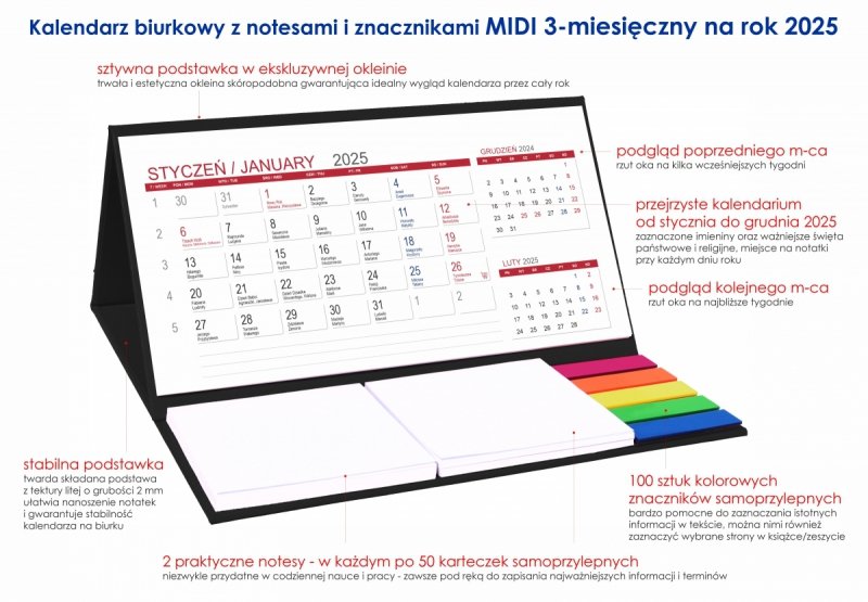 kalendarz biurkowy MIDI 3-miesięczny 2025 na twardej podstawce 