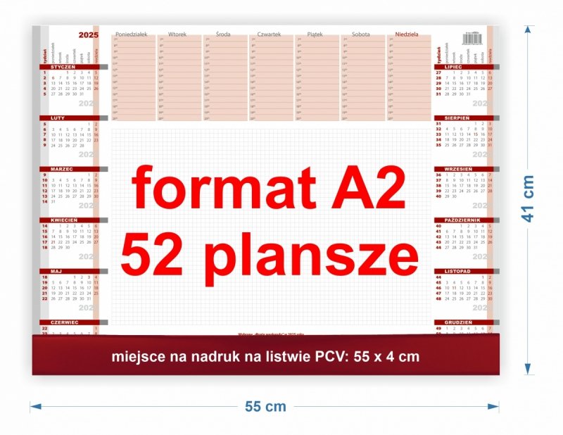 duży biuwar A2 z planem tygodnia na rok 2025