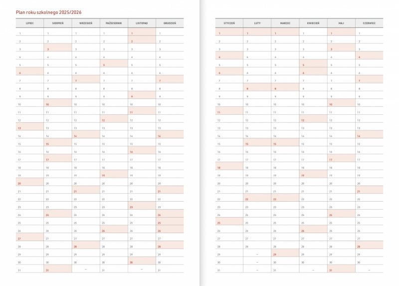 kalendarz z planem roku szkolnego 2025/2026