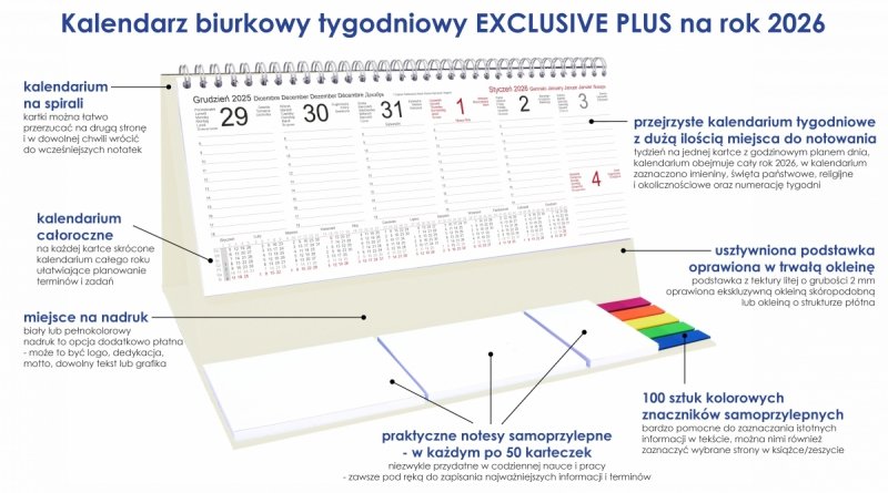 Kalendarz biurkowy stojący na podstawce - kalendarium tygodniowe na rok 2026