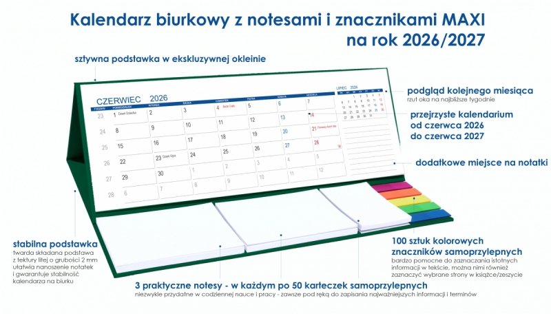 opis kalendarza MAXI szkolnego z notesami i znacznikami samoprzylepnymi