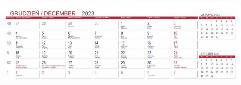 Kalendarium poziomie w układzie 3-miesięcznym na rok 2023 - styczeń 2023
