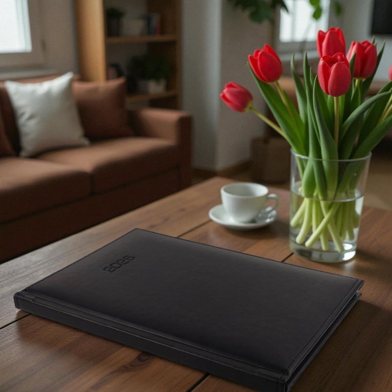 Kalendarz książkowy 2026 A4 TYGODNIOWY Z NOTESEM papier biały drukowane registry oprawa VIVELLA EXCLUSIVE czarna