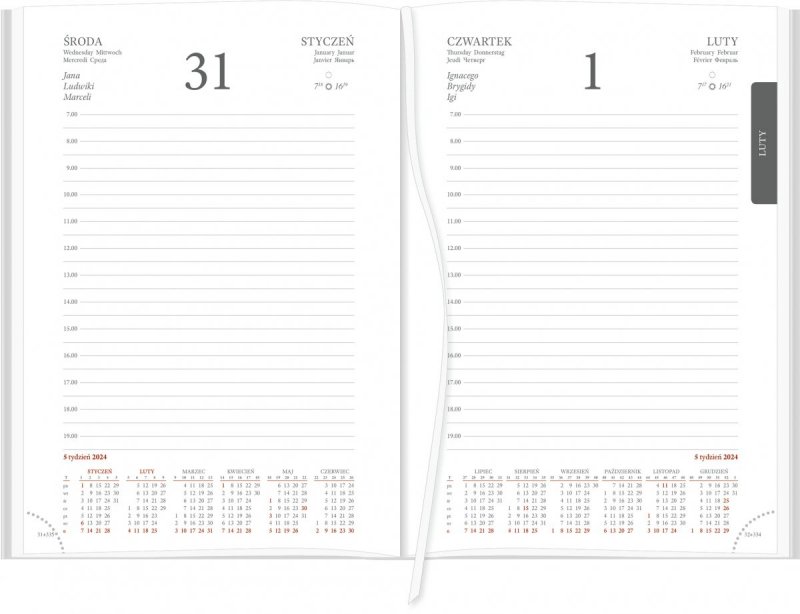 Kalendarz książkowy 2024 B6 dzienny papier biały drukowane registry
