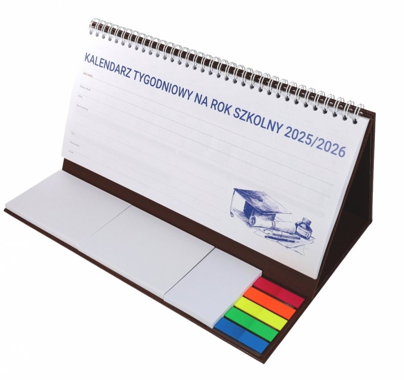 kalendarz na biurko, na rok szkolny 2025/26 dla ucznia, z notesami i znacznikami