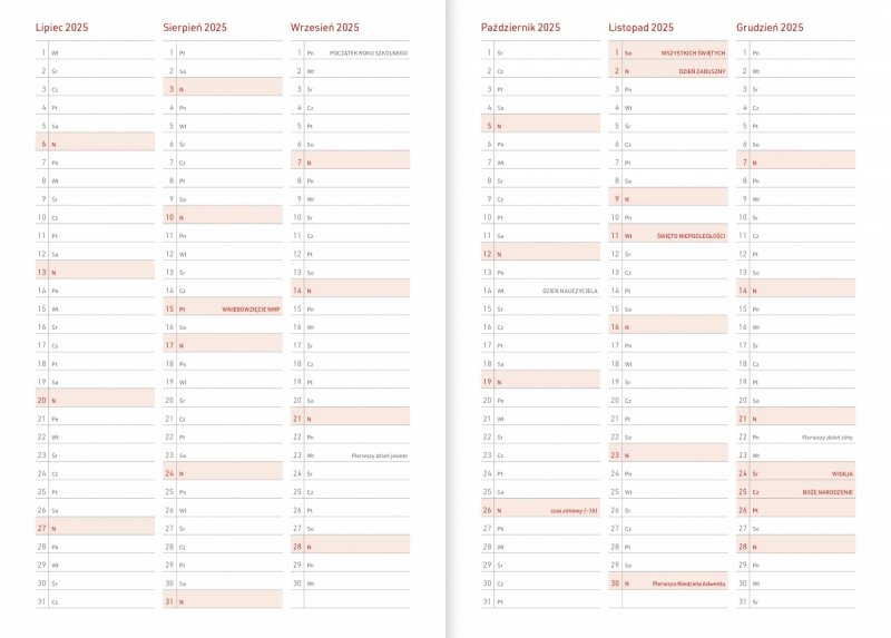 kalendarz od lipca 2025 do grudnia 2025