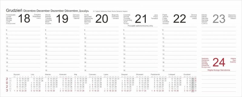 Kalendarium tygodniowe 2023 do kalendarza biurkowego - grudzień 2023