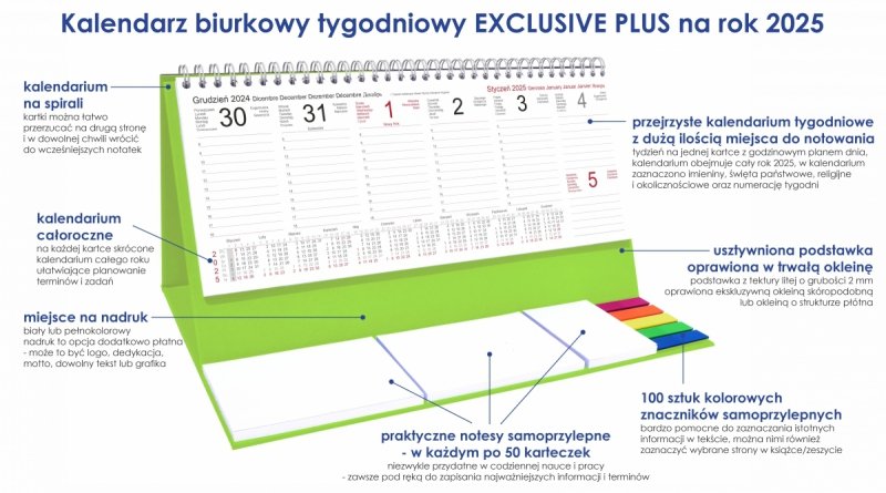 Kalendarz biurkowy stojący na podstawce - kalendarium tygodniowe na rok 2025
