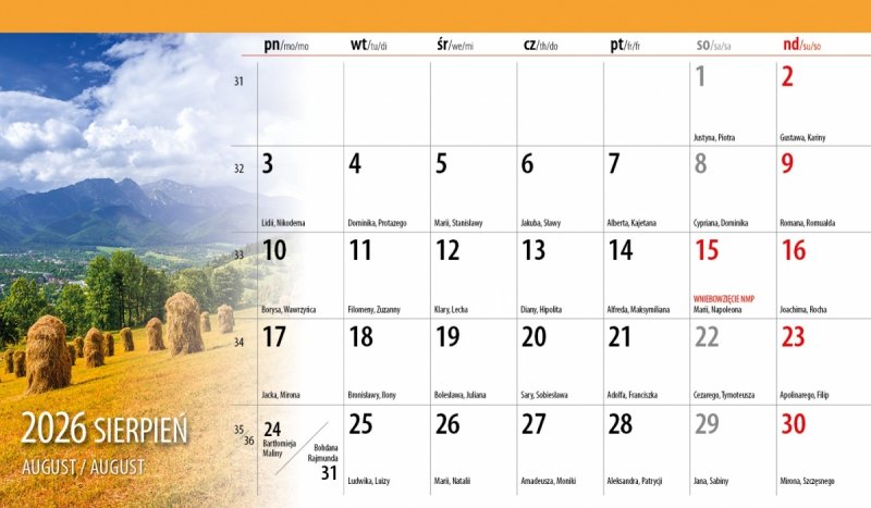 miesięczny kalendarz z różnymi widokami na rok 2026