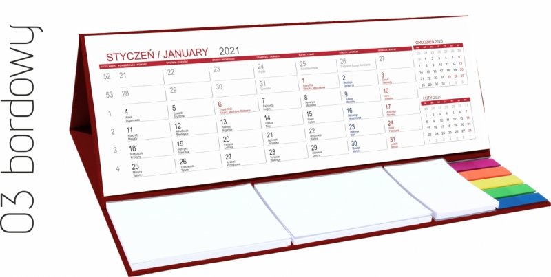 Kalendarz biurkowy z notesami i znacznikami MAXI 2021 bordowy