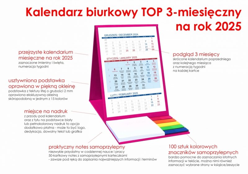 opis kalendarz 3-miesięcznego z notesem i znacznikami