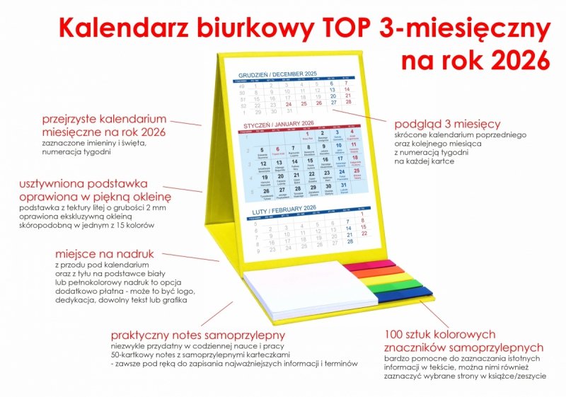 Kalendarz biurkowy z notesem i znacznikami TOP 3-miesięczny 2026 żółty