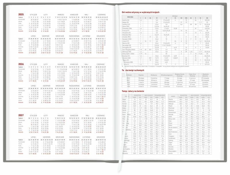 skrócone kalendarium roku 2025. 2026 oraz 2027, dni wolne od pracy w wybranych krajach w kalendarzu dziennym 