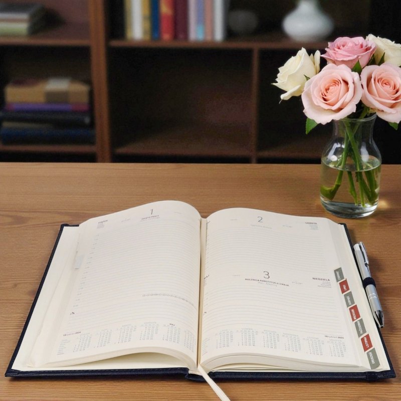 Kalendarz książkowy 2026 B5 dzienny papier chamois wycinane registry oprawa z zamykaniem na gumkę i mocowaniem na długopis ROSSA VIU szara