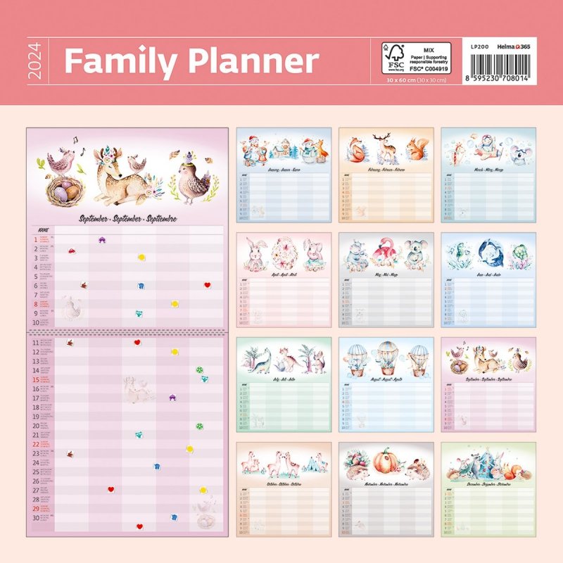 Kalendarz ścienny wieloplanszowy Family Planner 2024 z naklejkami - okładka tył