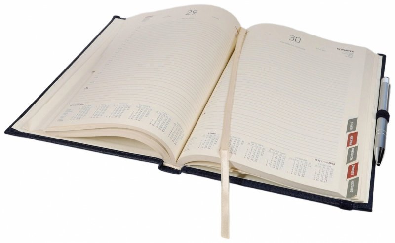 Kalendarz książkowy 2026 B5 dzienny papier chamois wycinane registry oprawa z zamykaniem na gumkę i mocowaniem na długopis ROSSA VIU granatowa