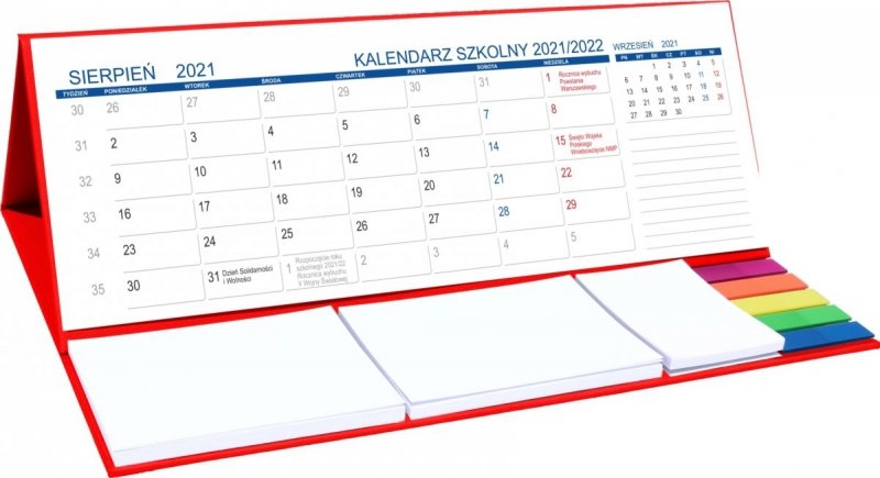 Kalendarz biurkowy z notesami i znacznikami MAXI na rok szkolny 2021/2022 czerwony