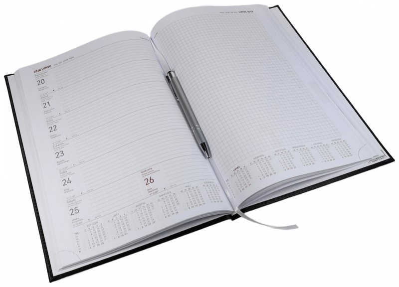Kalendarz książkowy 2026 A4 TYGODNIOWY Z NOTESEM papier biały drukowane registry oprawa VIVELLA EXCLUSIVE czerwona