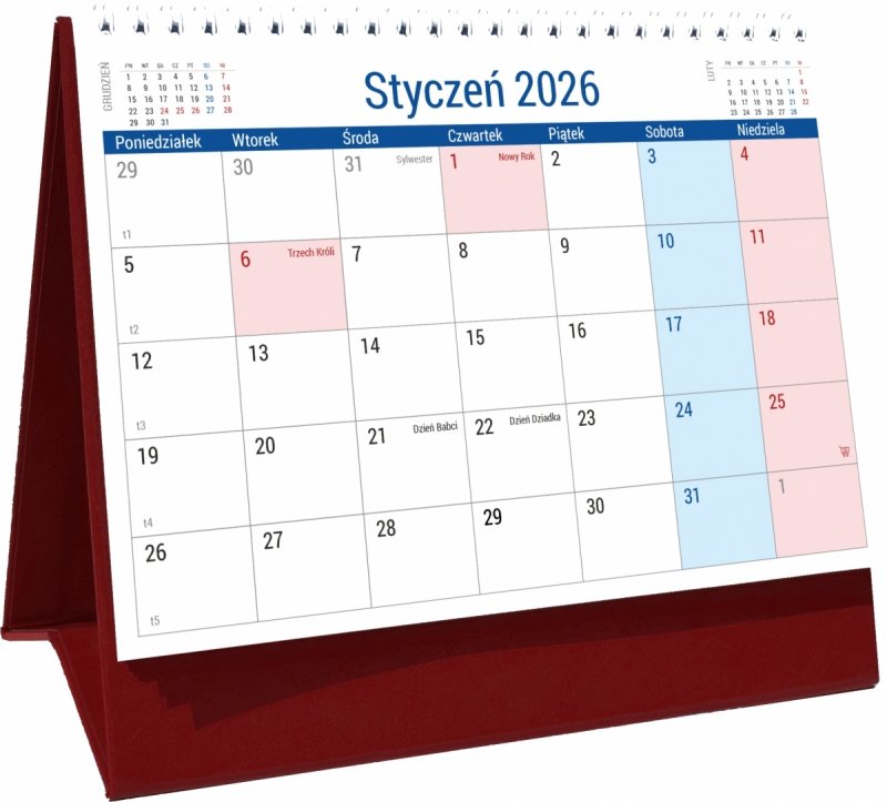 Kalendarz biurkowy PLANO na rok 2026 z dużą ilością miejsca na notatki