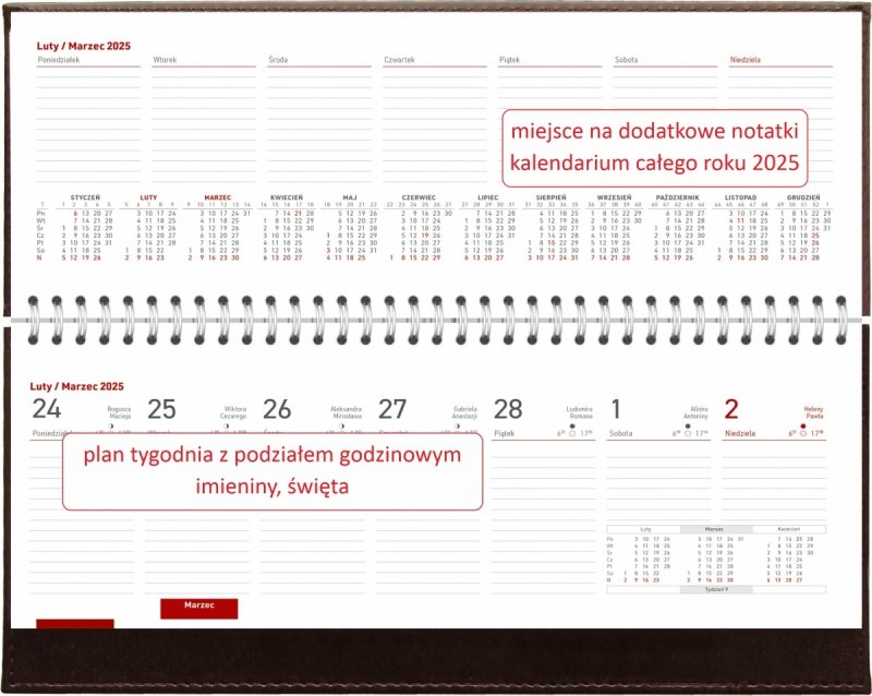 kalendarz biurkowy tygodniowy na rok 2025