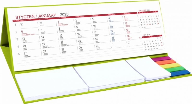 kalendarz biurkowy na rok 2025 z notesami i znacznikami