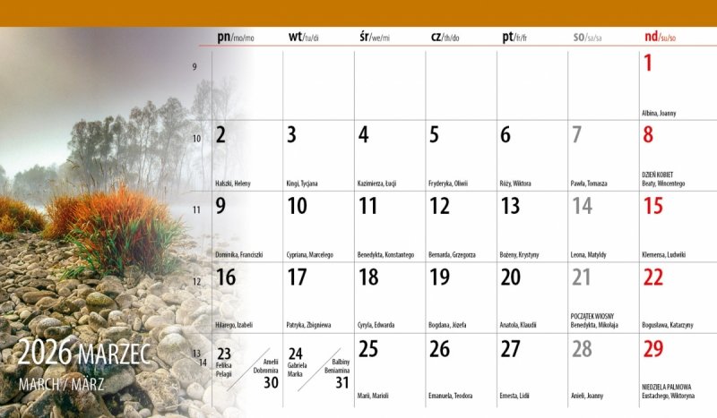 miesięczny kalendarz biurkowy na rok 2026