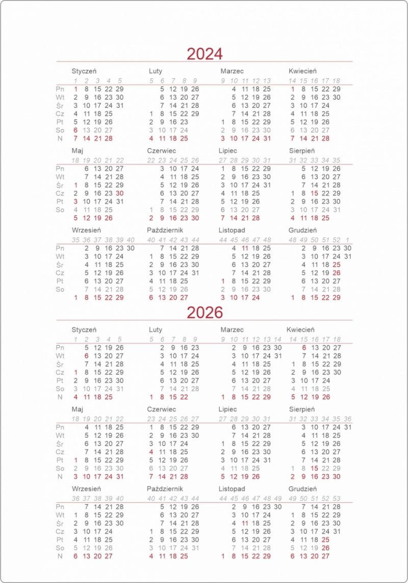 skrócone kalendarium roku 2024 i 2026 w kalendarzu na rok 2025