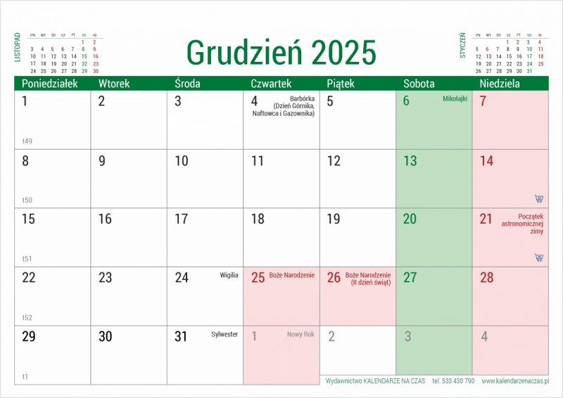 Kalendarz biurkowy z numeracją tygodni - grudzień 2025