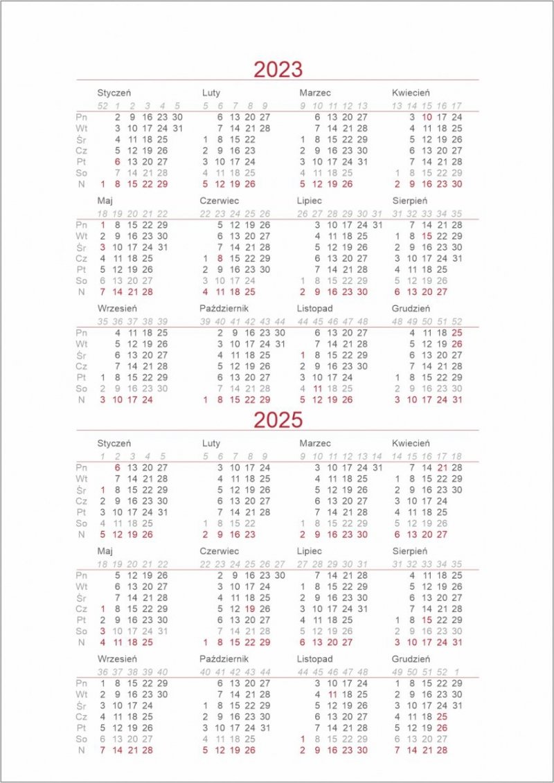 Skrócone kalendarium całoroczne na rok 2023 oraz 2025